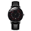 Close-up of Geneva men's black quartz watch with red hour markers and a date window - Black Dial Black Case Black Strap Red Hands