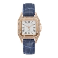 Elegant rose gold square quartz watch with diamond bezel and blue leather strap - Blue