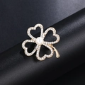 Golden clover brooch with heart-shaped leaves, crystal rhinestones and center pearl - Gold Clover Pearl