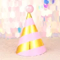 Pink and gold striped mini birthday party hat with pink sequin ball and lace decor - Pink Gold Stripe Sequin Ball Hat