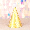Golden party cone hat with white hexagon patterns and a soft pompom for birthdays - Gold Hexagon Sequin Ball Hat