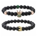 Matte black stone beaded crown bracelets with micro-pave cubic zirconia accents - Matte Black Stone Gold Small Crown + Rose Gold Green Zircon Crown