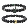 Matte black stone beaded crown bracelets with micro zircon inlays for couples - Matte Black Stone Gold Small Crown + Gun Black Green Zircon Crown