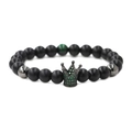 Detail of matte black beads bracelet with green zircon crown pendant close-up - Matte Black Stone Gun Black Green Zircon Crown
