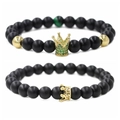 Matte black stone crown couple bracelets with gold crown and green zircon accents - Matte Black Stone Gold Small Crown + Gold Green Zircon Crown