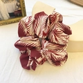 Oversized retro cream floral chiffon scrunchie with palm leaf pattern on stone base - Wine Red Leaf