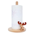 Vertical wooden paper towel holder featuring a cute deer ornament and a light wood finish - Large Deer with Antlers Tissue Holder