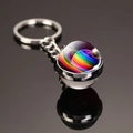 Silver keychain featuring a double-sided glass dome with a colorful galaxy nebula pattern - Rainbow Ball