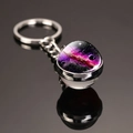 Solar system galaxy keychain with purple nebula glass ball and silver metal ring - Neon Sea