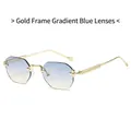 Rimless polygon sunglasses with golden metal frame and gradient blue lenses - Gold Frame Gradient Blue Lens
