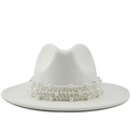 Elegant white wool felt fedora hat for women with luxury pearl embellishment band - M (56-58cm) / White