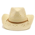 Cappello da cowboy in paglia intrecciata avorio con motivi traforati e cordino marrone - M (56-58cm) / crema