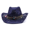 Dark blue woven straw Western cowboy hat with turquoise beads and tassel decorative band - M / Navy Blue