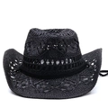 Classico cappello da cowboy in paglia nera intrecciato a mano con motivo traforato traspirante - M (56-58cm) / Nero