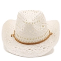 White hand-woven western straw cowboy hat with breathable crochet pattern and brown cord - M (56-58cm) / Pure White
