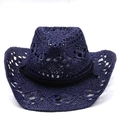 Detail of navy blue hand-woven cowboy straw hat featuring hollow-out crochet pattern - M (56-58cm) / Navy Blue