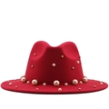 Cappello jazz in lana rossa da donna con eleganti perle e dettagli di borchie metalliche - M(56-58cm) / Rosso