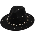 Classic black wool felt jazz hat with elegant white pearls and metal stud decorations - M (56-58cm) / Black