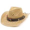 Handmade straw cowboy hat with bohemian beads turquoise and feathers detail - M / Camel