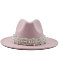 Elegant pink wool fedora hat for women with luxury pearl band decoration in soft lighting - Pink