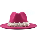 Detailed view of the rose red wool felt fedora featuring elegant white pearl bead trim - Rose Red