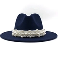 Detail of elegant navy wool fedora hat featuring multi-layer white pearl embellishments - Navy Blue