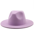 Front view of elegant purple wool felt fedora hat with flat brim and classic jazz style - M (56-58cm) / Taro Purple