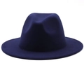 Detailed top view of a dark blue wool felt fedora hat featuring a wide brim and creased crown - Navy Blue