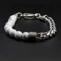 Close-up of men's beaded bracelet with white turquoise stones and chunky steel chain link - White Turquoise