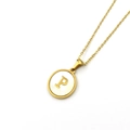 Golden stainless steel necklace with round white shell pendant featuring the letter P - Style P (Letter P)