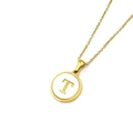 Golden stainless steel necklace with round white pendant featuring the letter T - Style T (Letter T)
