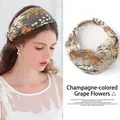 Elegant champagne grape flower embroidered lace headband with stylish mesh hair accessory - White Base Gold White Grape Flower