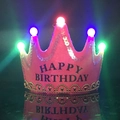 Close-up of pink LED crown hat with Happy Birthday text and colorful glowing lights - One Size / Rose Red Birthday Crown Hat