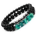 Double-layer matte black beads and green striped agate stone elastic bracelet set - Matte Black Hematite Green Agate Set (Style 2)