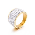 Chic wide gold-plated ring for women featuring rows of sparkling clear pavé rhinestones - Gold Multi-Row Iced Out Style (KR34976-K)