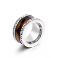 Titanium steel ring with tortoise shell inlay and double rows of sparkling rhinestones - US 6 / Silver Dark Brown Pattern (KR32193-K)