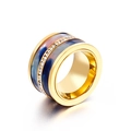 Wide gold titanium ring with marble texture inlay and sparkling crystal accents - Gold Pink Blue Marble Style (KR33264-K)