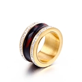 Golden titanium steel ring with tortoiseshell resin inlay and sparkling rhinestones - Gold Tortoise Inlay Style (KR33546-K)