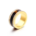 Wide gold stainless steel ring with shell texture inlays and double row crystal borders - Gold Black Tortoiseshell Style (KR36423-K)
