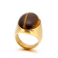 Gold-plated titanium steel ring featuring a large oval polished tiger eye gemstone - US 7 / Amber (KR52427-GC)