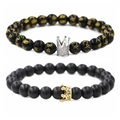 Couples crown bracelet set with matte and polished black natural stone beads - Six-Word Mantra Large Crown B Set (Polished Mantra Beads + Silver Large Crown/Matte Beads + Gold Large Crown)
