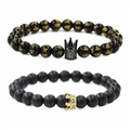 Beaded crown bracelets for couples featuring matte and glossy black stones in gold finish - Six-Word Mantra Large Crown D Set (Polished Mantra Beads + Black Large Crown/Matte Beads + Gold Large Crown)