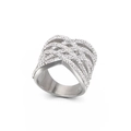 Sparkling silver cross ring with pavé crystals in a wide band minimalist fashion style - US 6