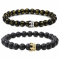 Detail of matte and polished black beads with gold crown charms on couple bracelets - Six-Word Mantra Small Crown B Set (Polished Mantra Beads + Silver Small Crown/Matte Beads + Gold Small Crown)