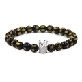 Macro detail of 8mm black stone prayer beads with a silver crown charm and white zircons - Six-Word Mantra Silver Large Crown / White Gold