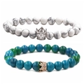 Couples beaded bracelets with marble phoenix stones and zircon hollow crowns - Phoenix Stone & White Turquoise Crown Bracelet Set B