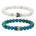 Crown couples beaded bracelets with white turquoise and blue phoenix stone beads - Howlite Gunmetal Crown Bracelet Set