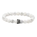 Mens white howlite beaded crown bracelet with gunmetal cubic zirconia accents - Howlite With Gunmetal Crown