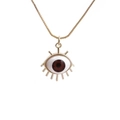 Golden evil eye necklace with brown pupil and eyelash details on white background - Red Evil Eye (Box Chain)