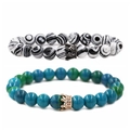 Pulseras de cuentas de malaquita y mármol para parejas con dijes de corona de cristal - Juego de Corona de Color Negro Pistola de Malaquita Blanca